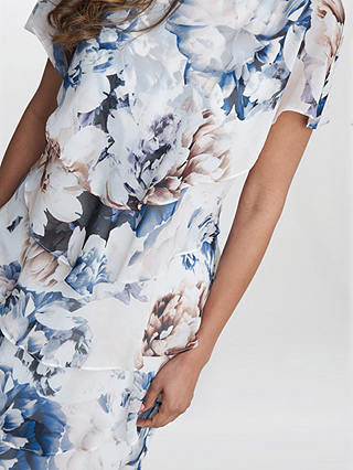 Gina Bacconi Jocelyn Graphic Floral Tiered Midi Dress, Ivory/Multi