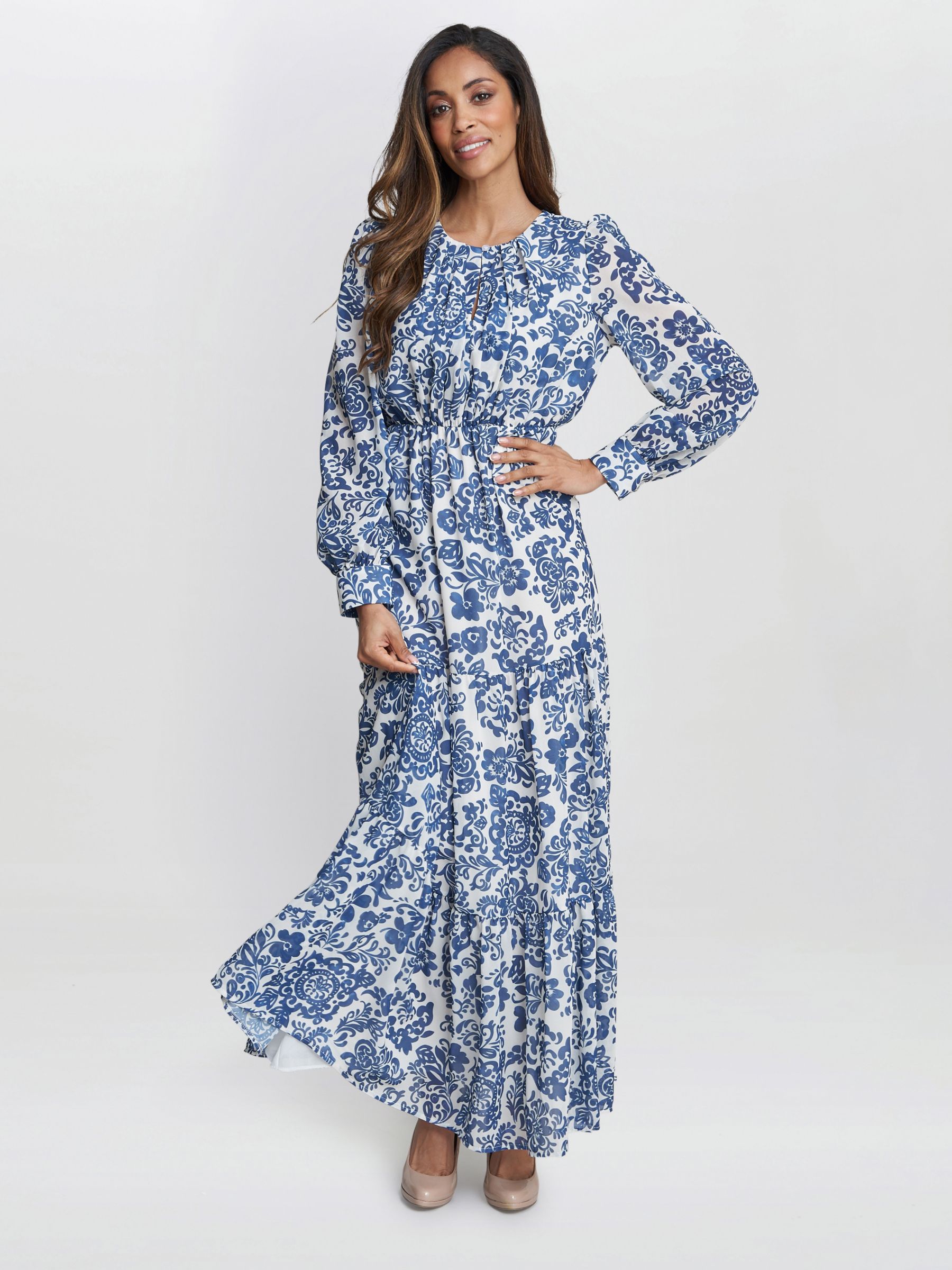 Gina Bacconi Jojo Tiered Floral Maxi Dress, Navy/Cream, S