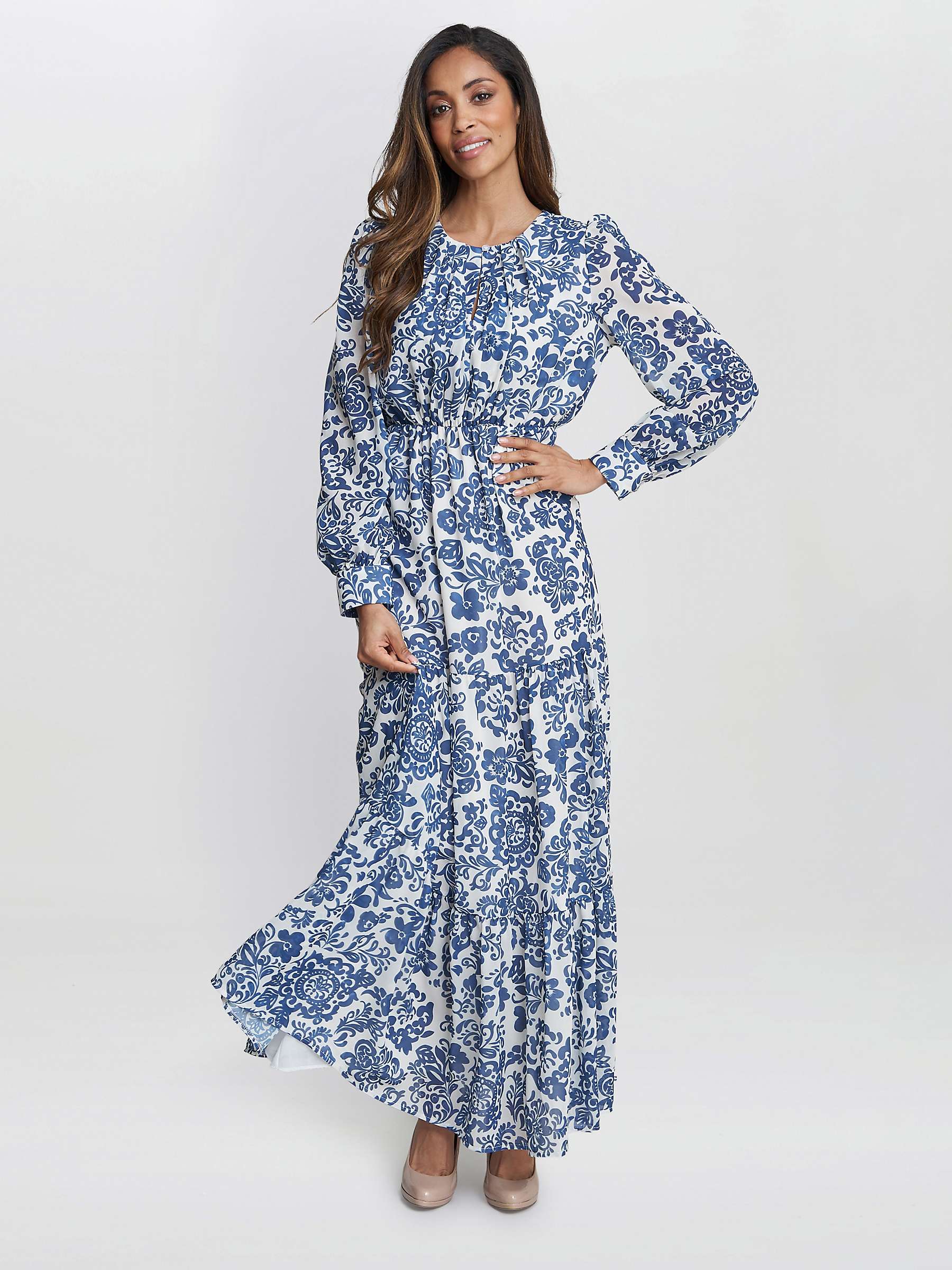 Buy Gina Bacconi Jojo Tiered Floral Maxi Dress, Navy/Cream Online at johnlewis.com