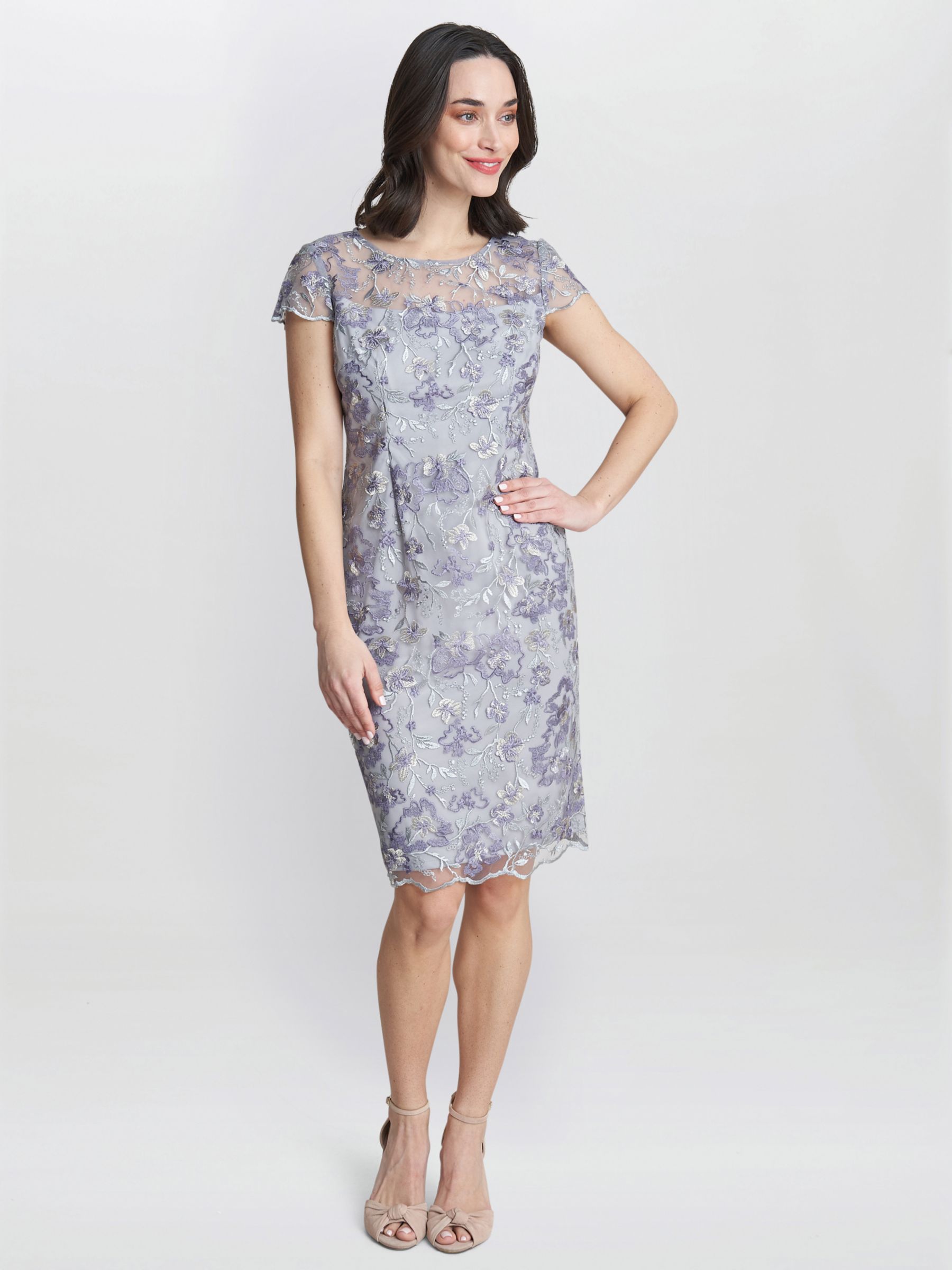 Gina Bacconi Petite Raquelle Embroidered Cap Sleeve Dress, Dove