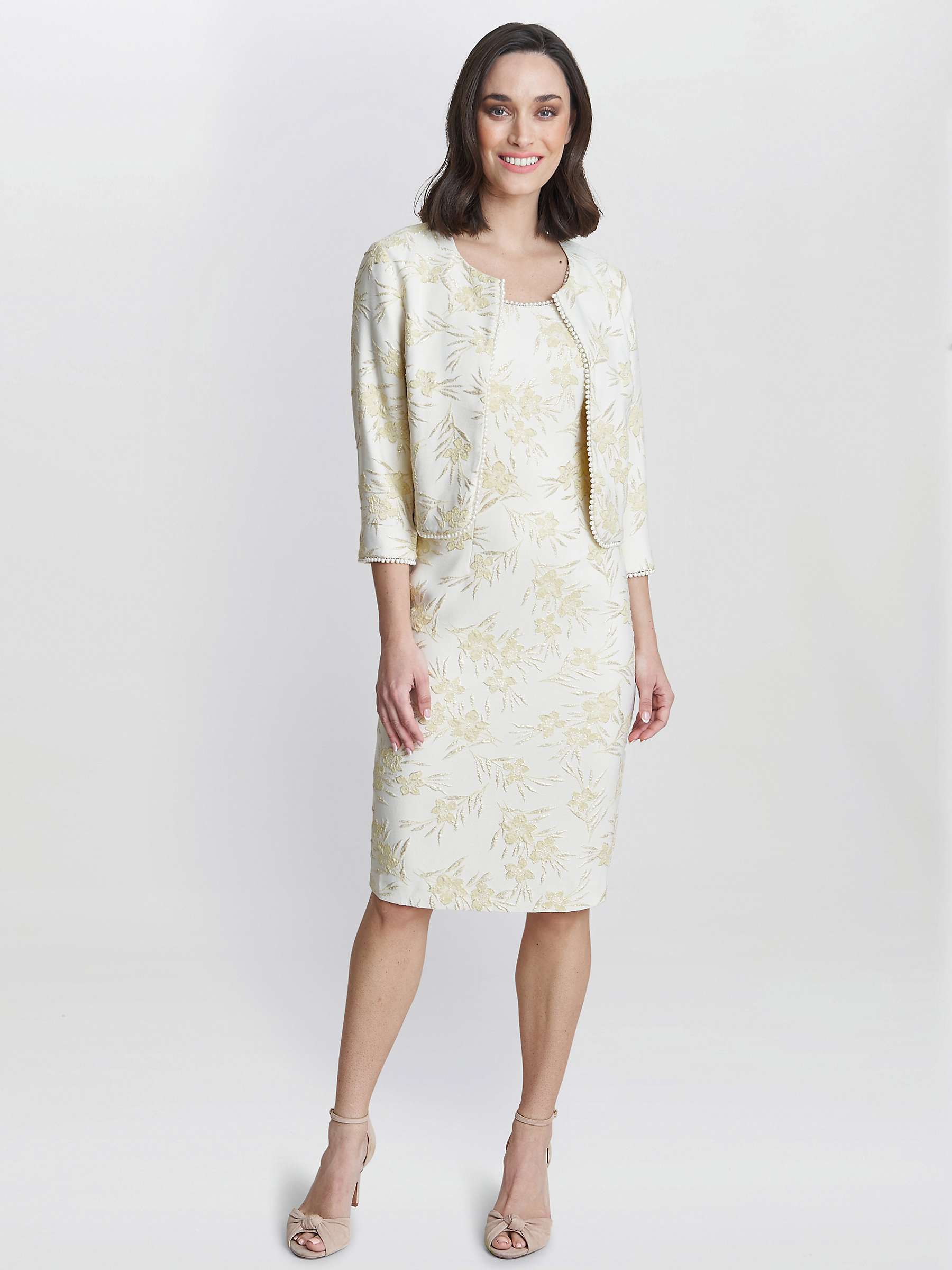 Buy Gina Bacconi Lindsay Floral Jacquard Pearl Trim Dress & Jacket, Yellow/Gold Online at johnlewis.com