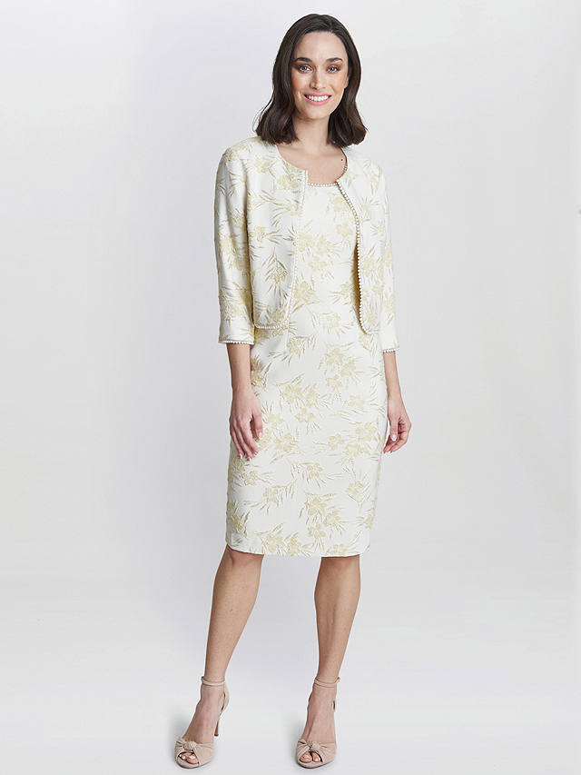 Gina Bacconi Lindsay Floral Jacquard Pearl Trim Dress & Jacket, Yellow/Gold