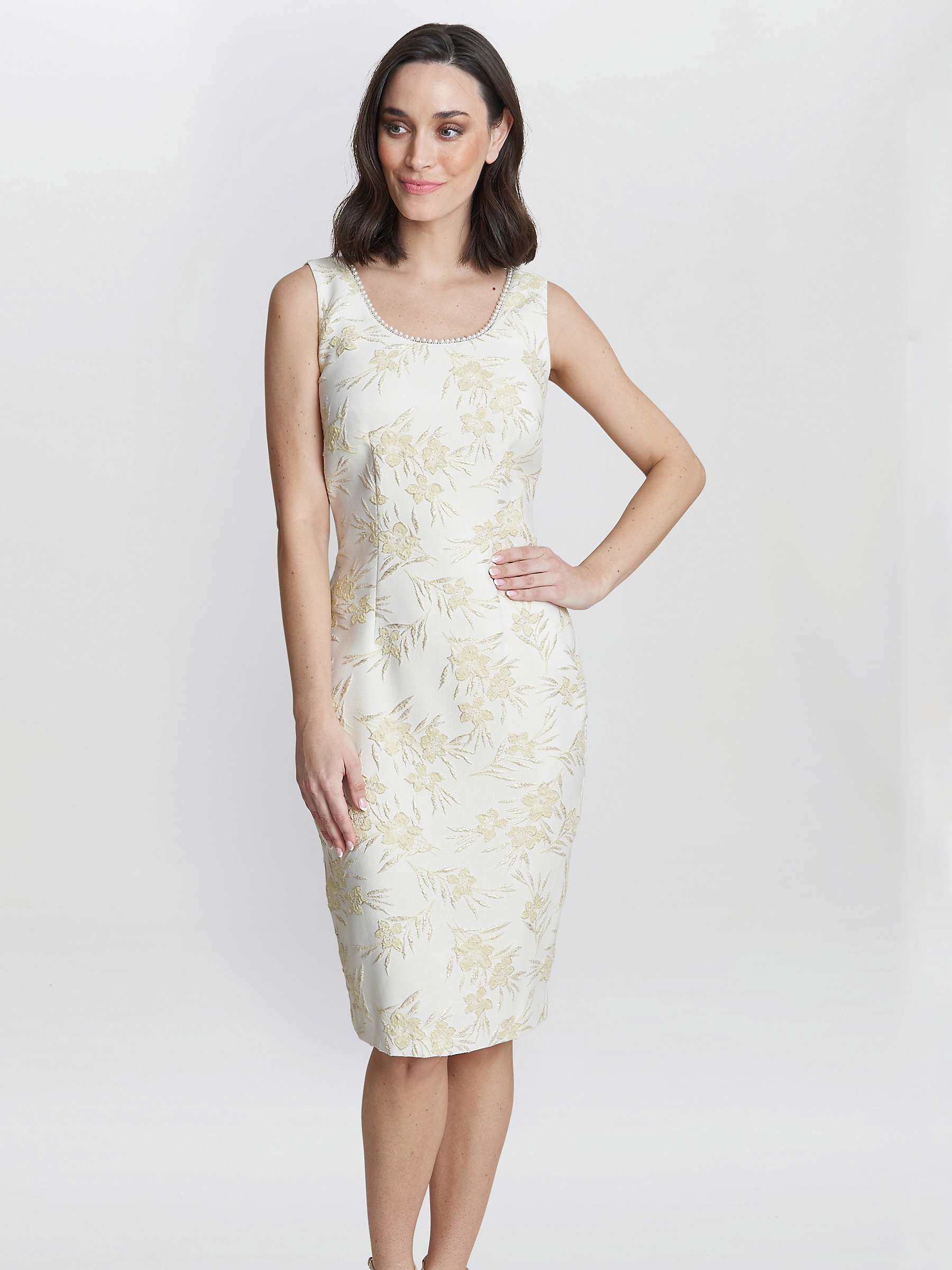 Buy Gina Bacconi Lindsay Floral Jacquard Pearl Trim Dress & Jacket, Yellow/Gold Online at johnlewis.com