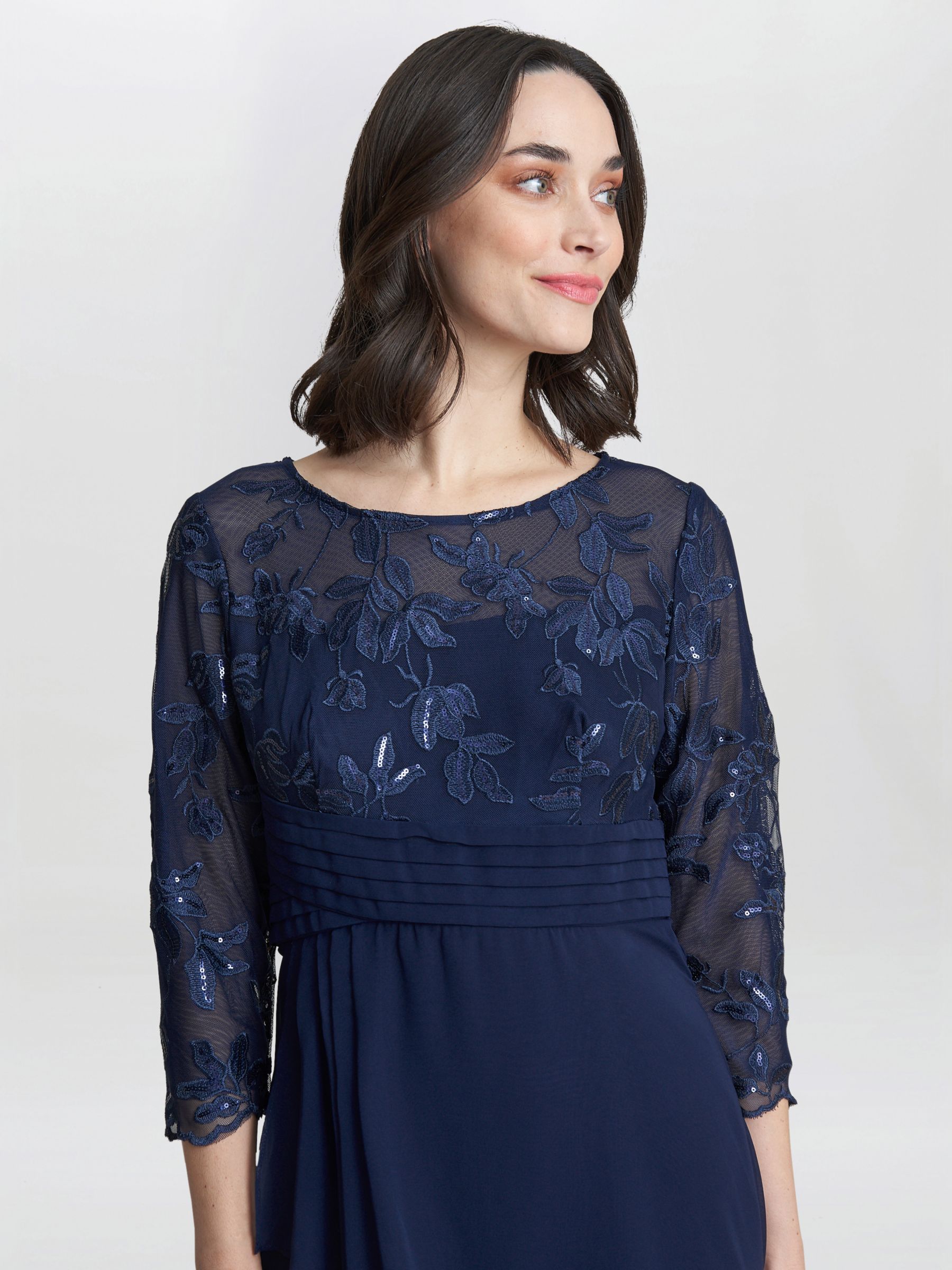 Gina Bacconi Petite Thandie Embroidered Bodice Dress, Navy, 8