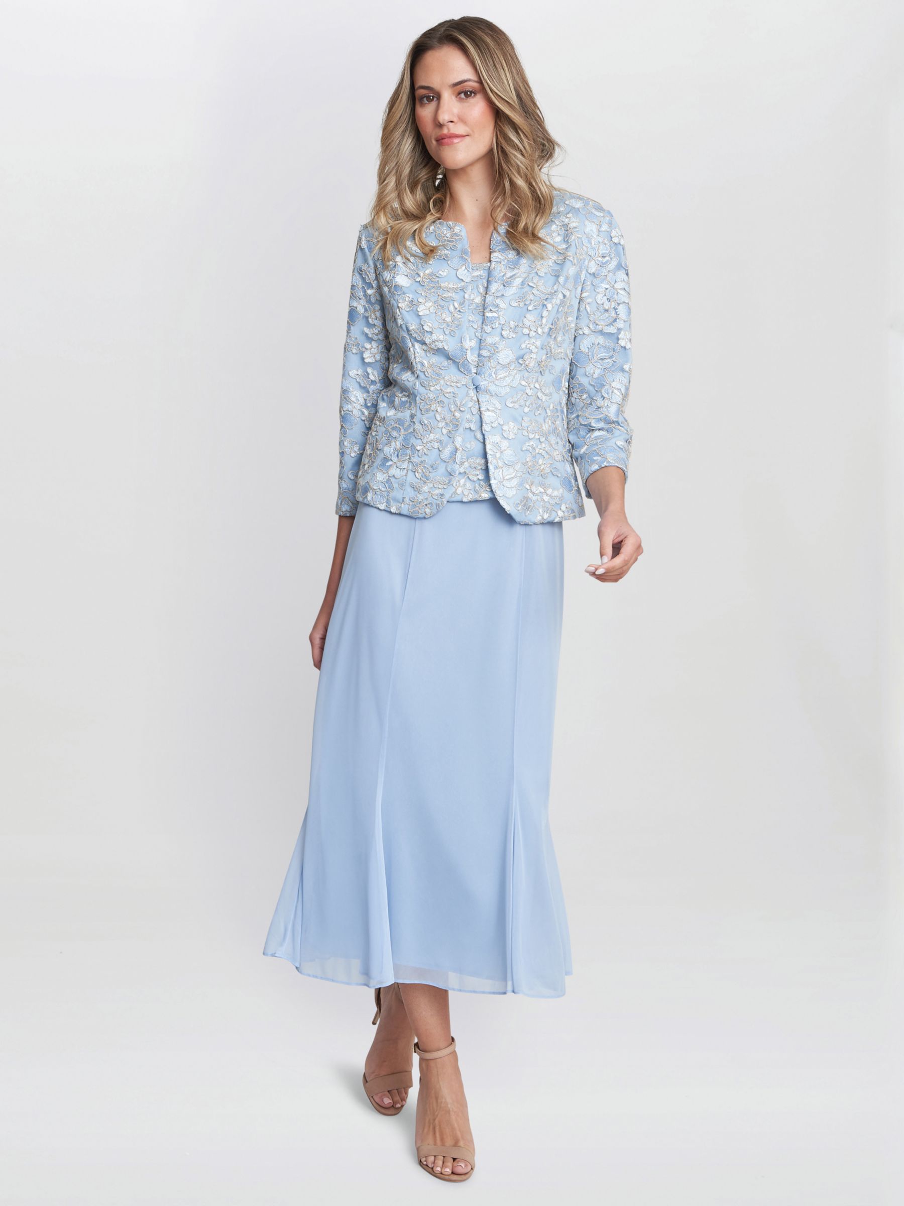 Gina Bacconi Joyce Embroidered Lace Jacket And Midi Dress Light Blue