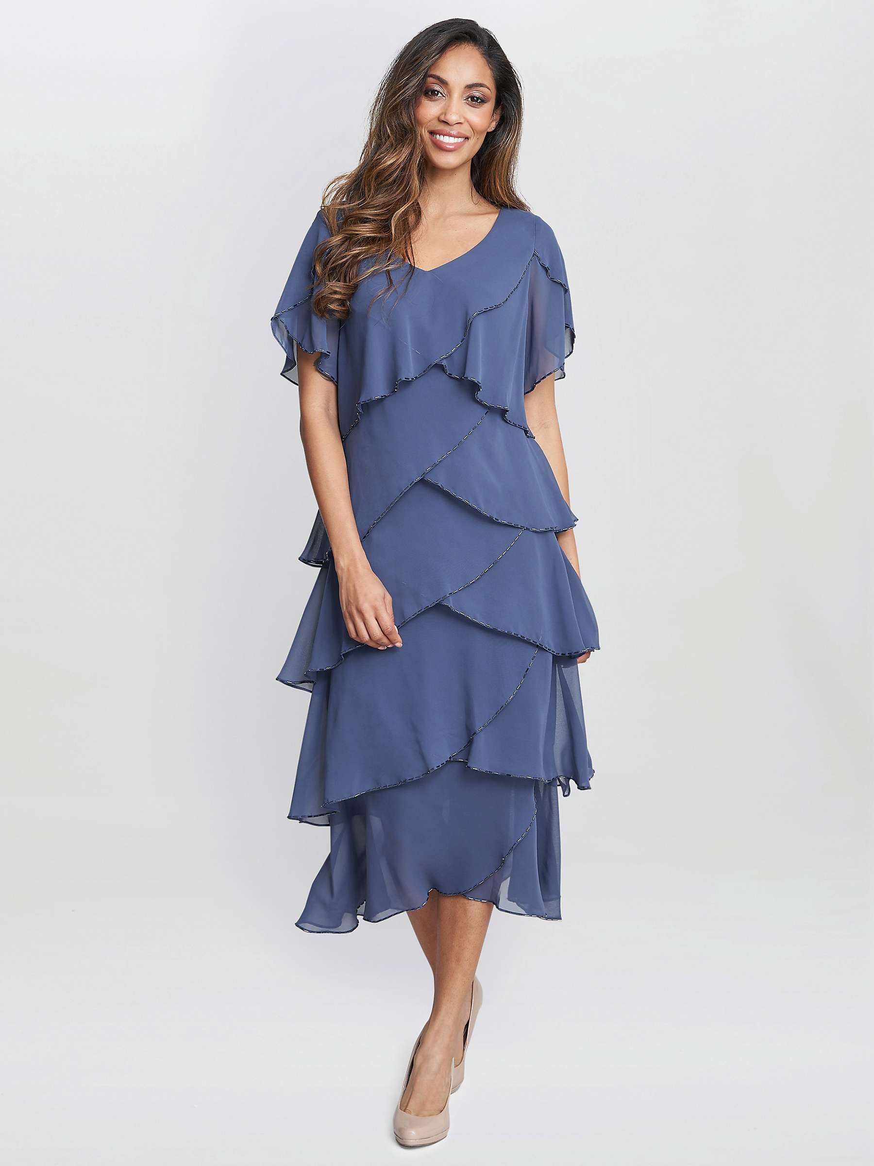 Buy Gina Bacconi Fleur V Neck With Bugle Beads Tier Midi Dress, Wedgewood Online at johnlewis.com