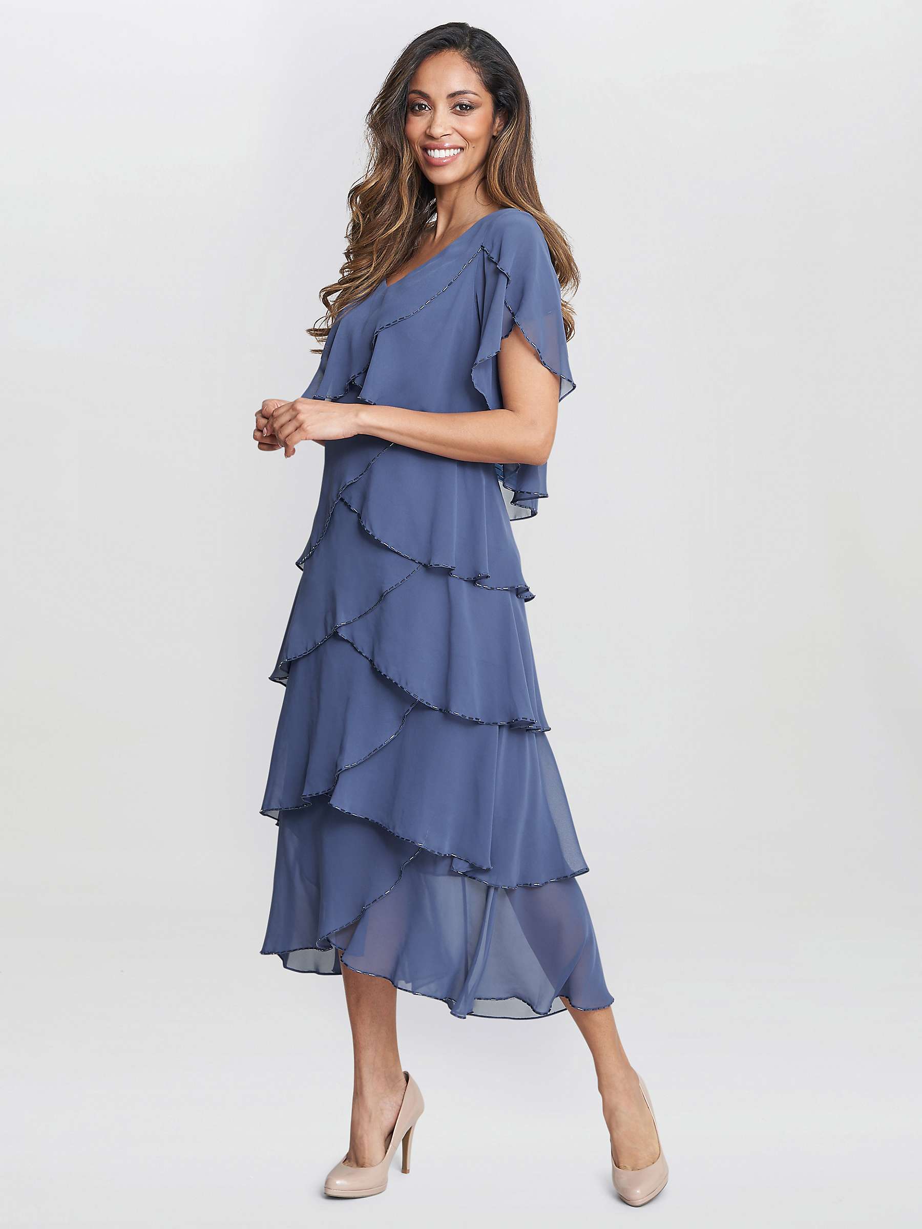 Buy Gina Bacconi Fleur V Neck With Bugle Beads Tier Midi Dress, Wedgewood Online at johnlewis.com