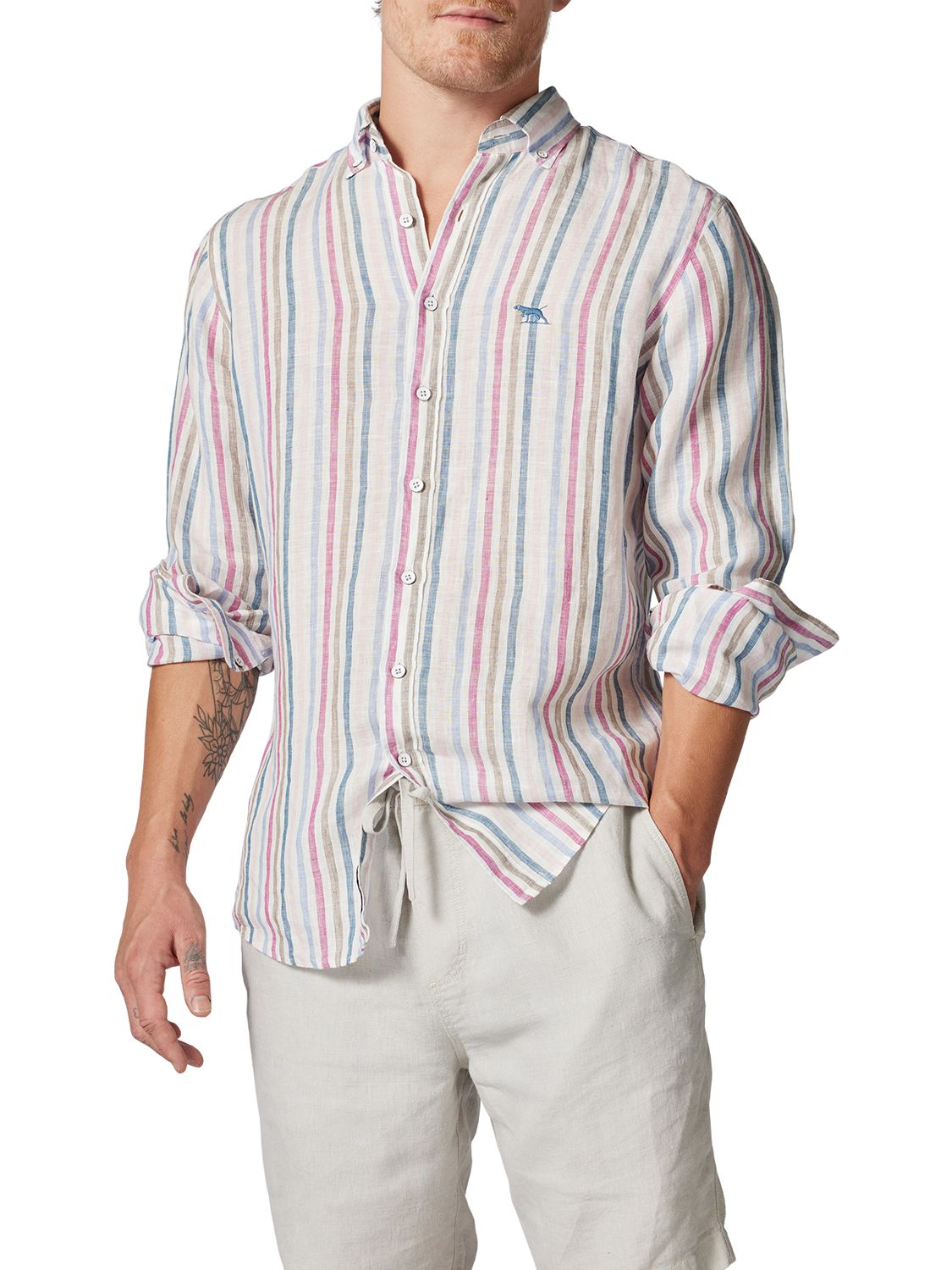 Rodd & Gunn Gimmerburn Linen Slim Long Sleeve Stripe Shirt, Snow, XS