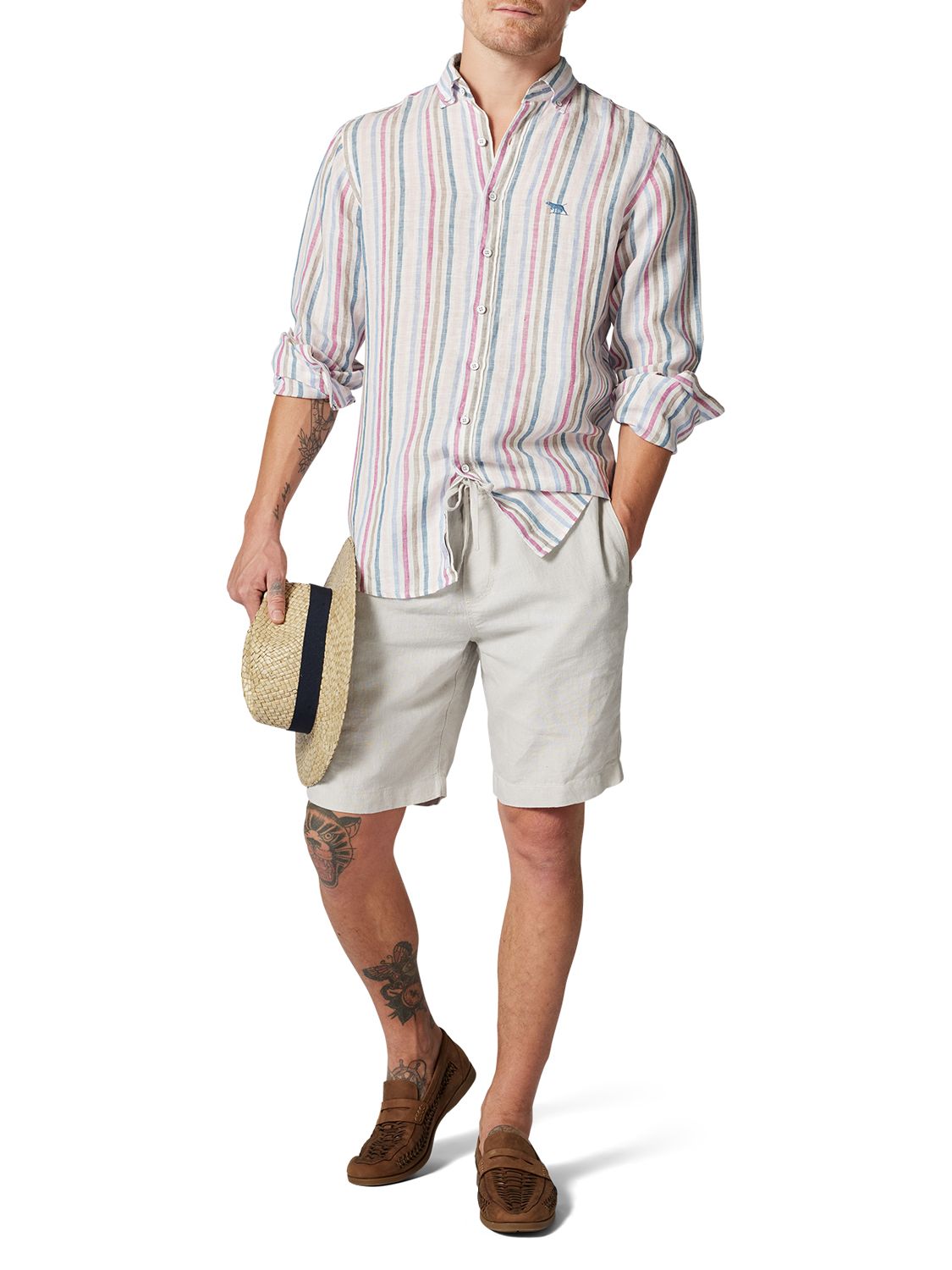 Rodd & Gunn Gimmerburn Linen Slim Long Sleeve Stripe Shirt, Snow, XS