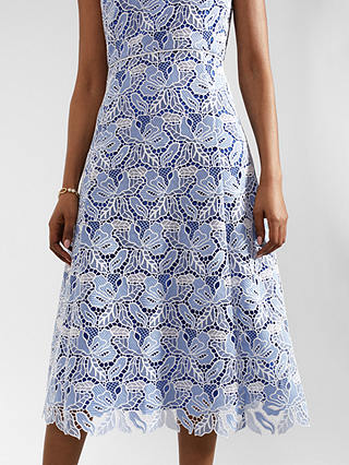 Hobbs Petite Phoebe Cutwork Floral Lace Midi Dress, Blue/Ivory