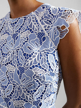 Hobbs Petite Phoebe Cutwork Floral Lace Midi Dress, Blue/Ivory