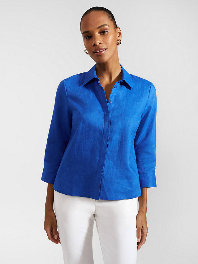 Hobbs Nita Cropped Linen Shirt, Atlantic Blue