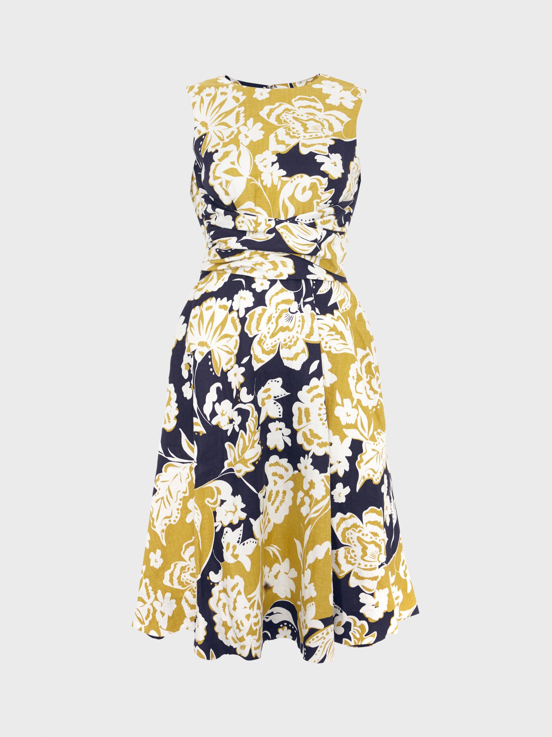 Hobbs Petite Twitchill Floral Linen Dress, Navy/Yellow, 10