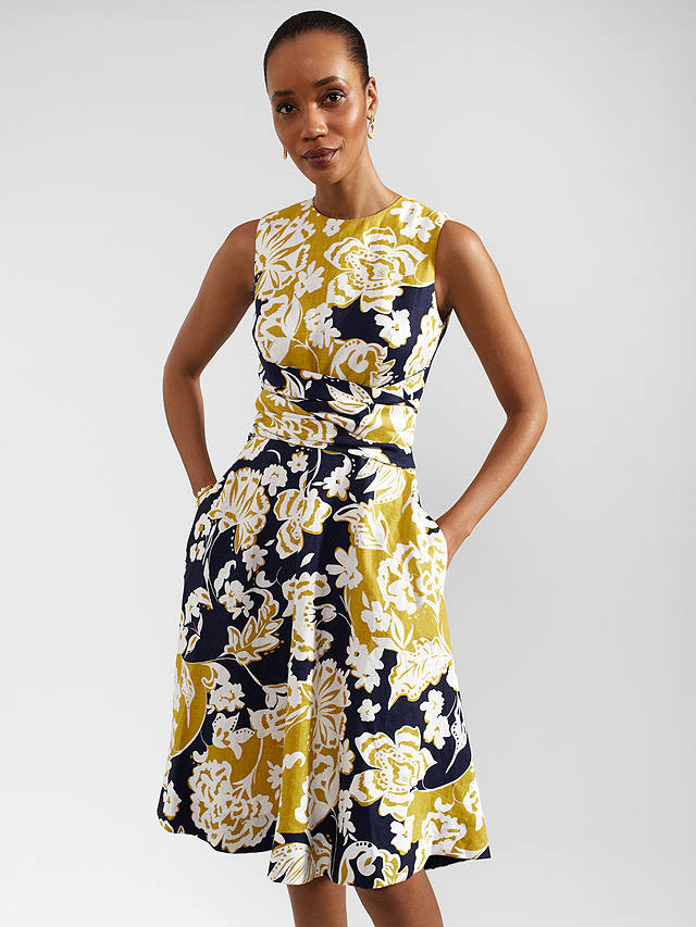 Hobbs Petite Twitchill Floral Linen Dress, Yellow/Multi