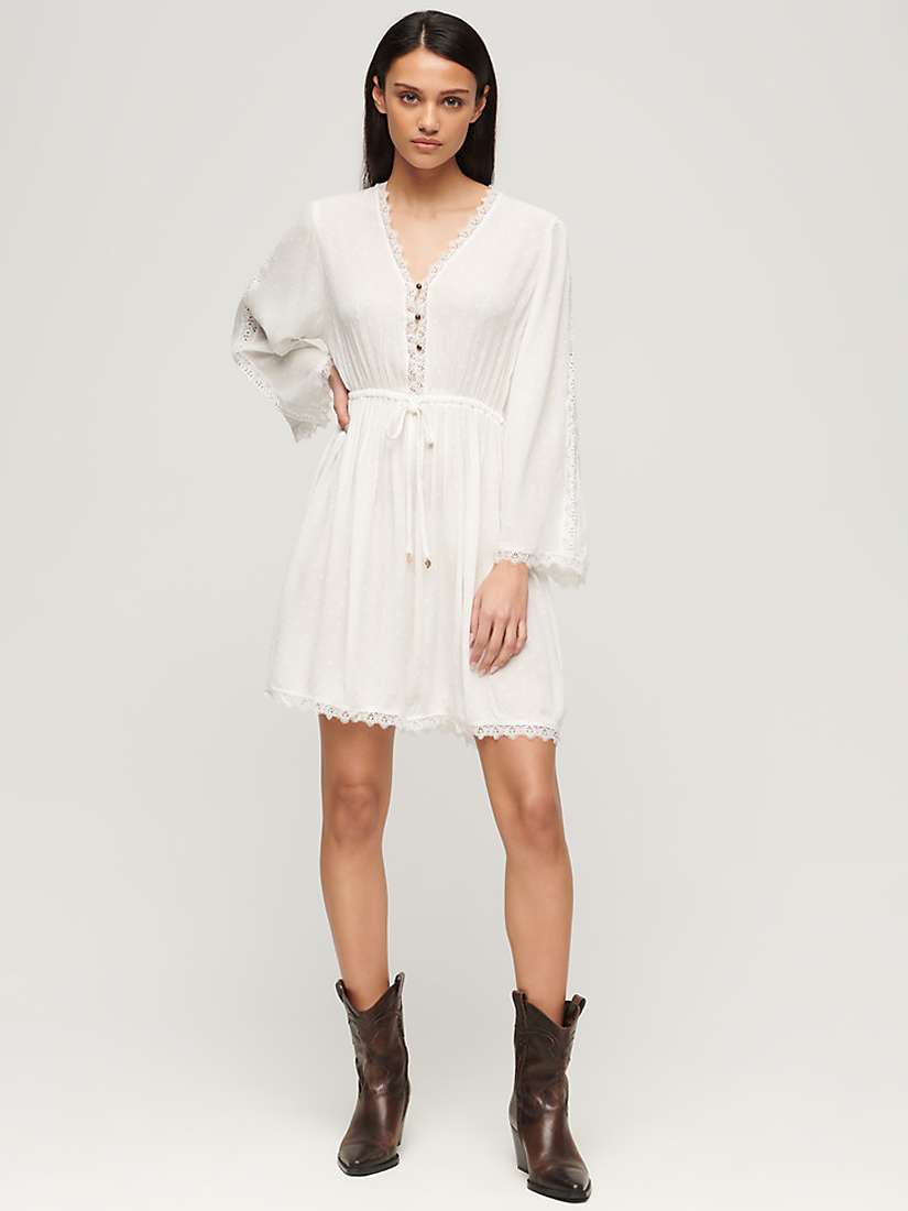 Buy Superdry Ibiza V-Neck Lace Trim Mini Dress, Off White Online at johnlewis.com