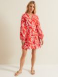 Phase Eight Charlotte Linen Blend Leaf Print Wrap Mini Dress, Red/White