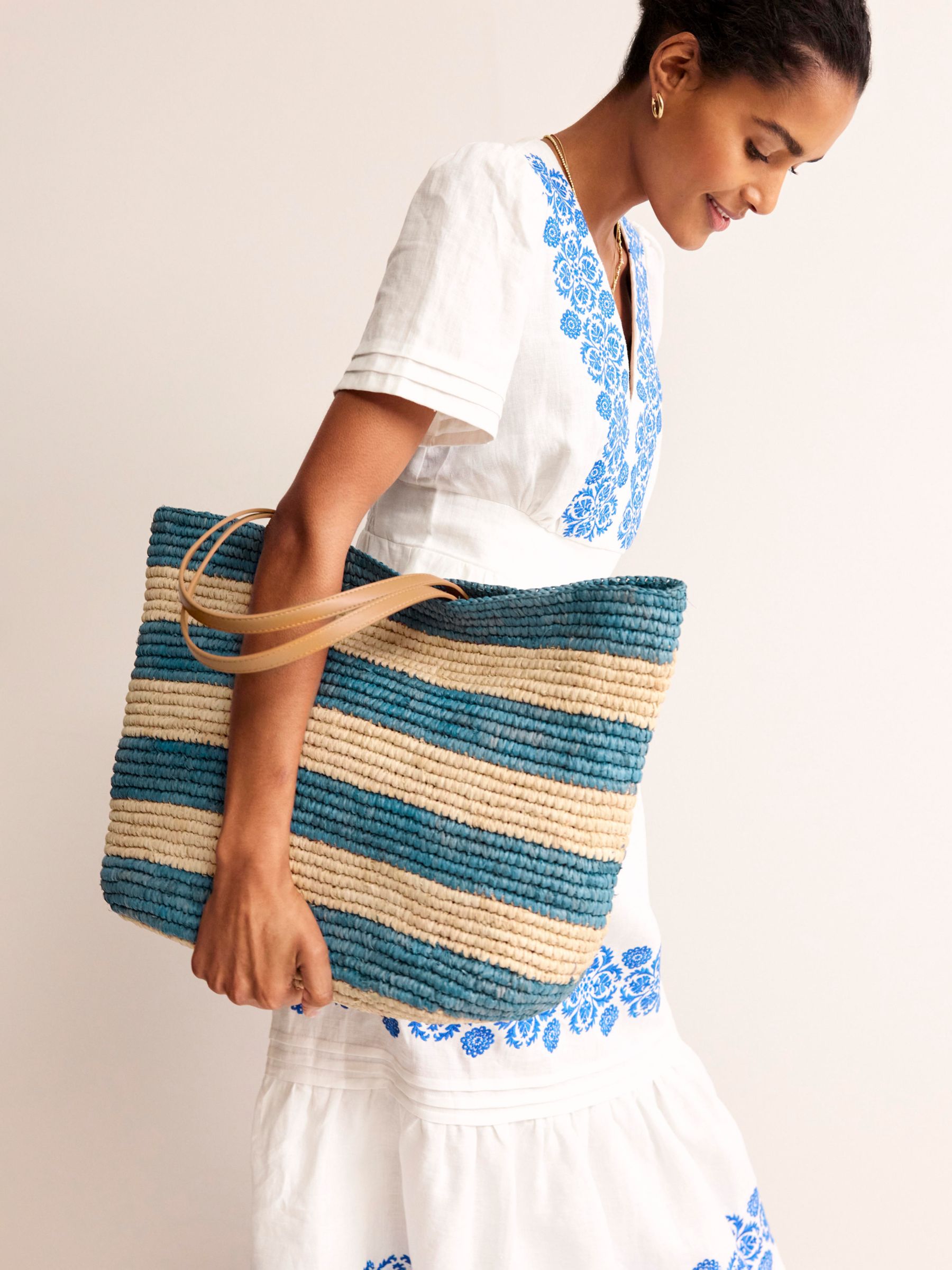 Boden Raffia Tote Bag, Natural/Blue, One Size