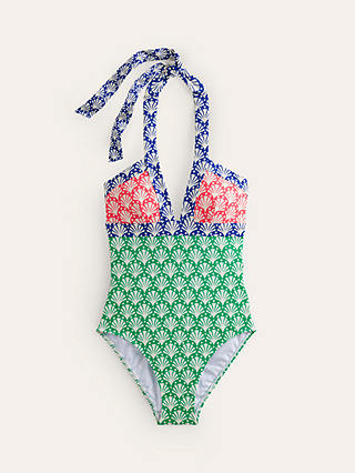 Boden Ithaca Shell Print Halterneck Swimsuit, Green/Multi