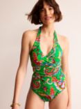 Boden Levanzo Ruched Halter Swimsuit, Green/Paisley Azure