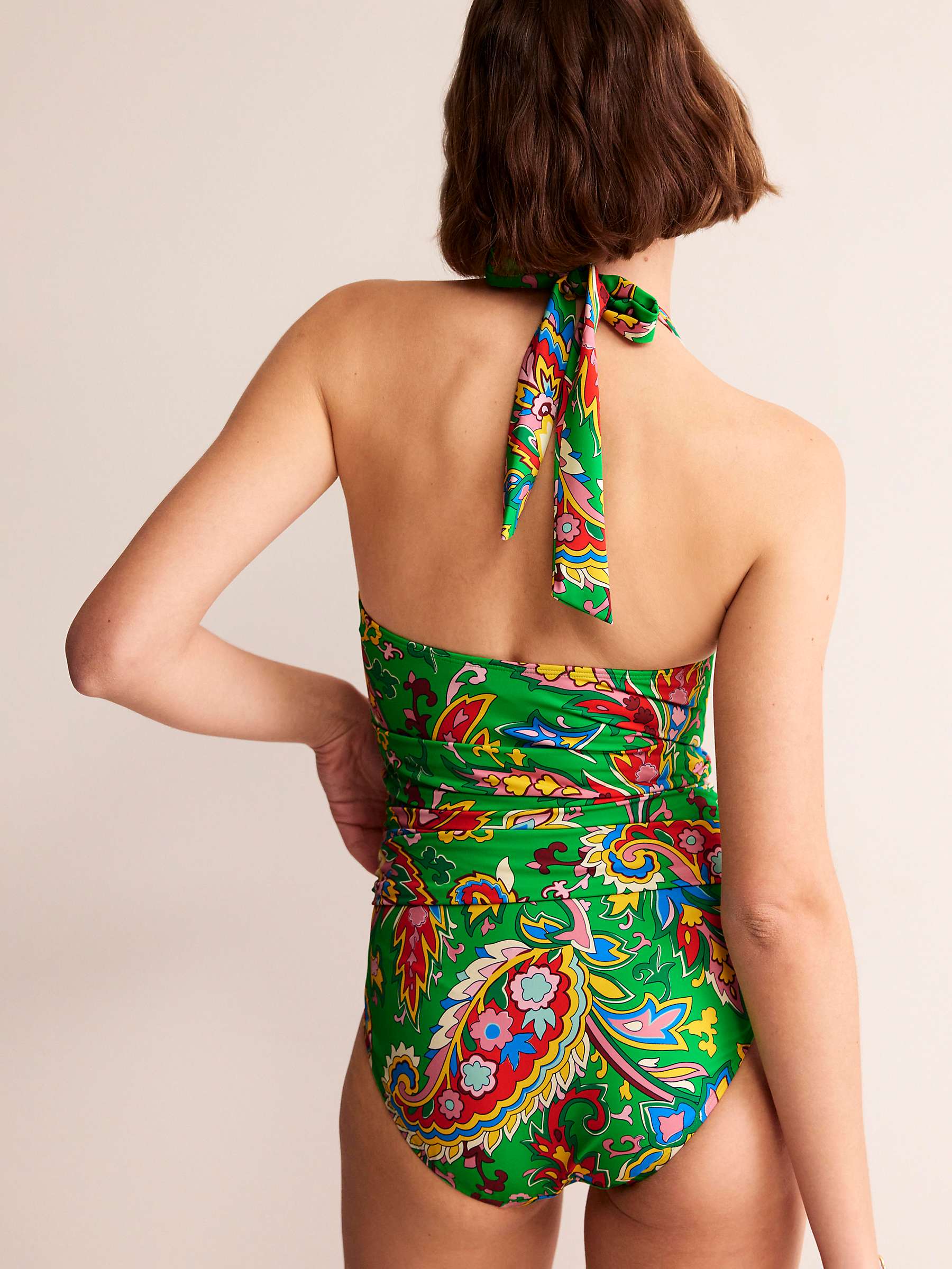 Buy Boden Levanzo Ruched Halter Swimsuit, Green/Paisley Azure Online at johnlewis.com