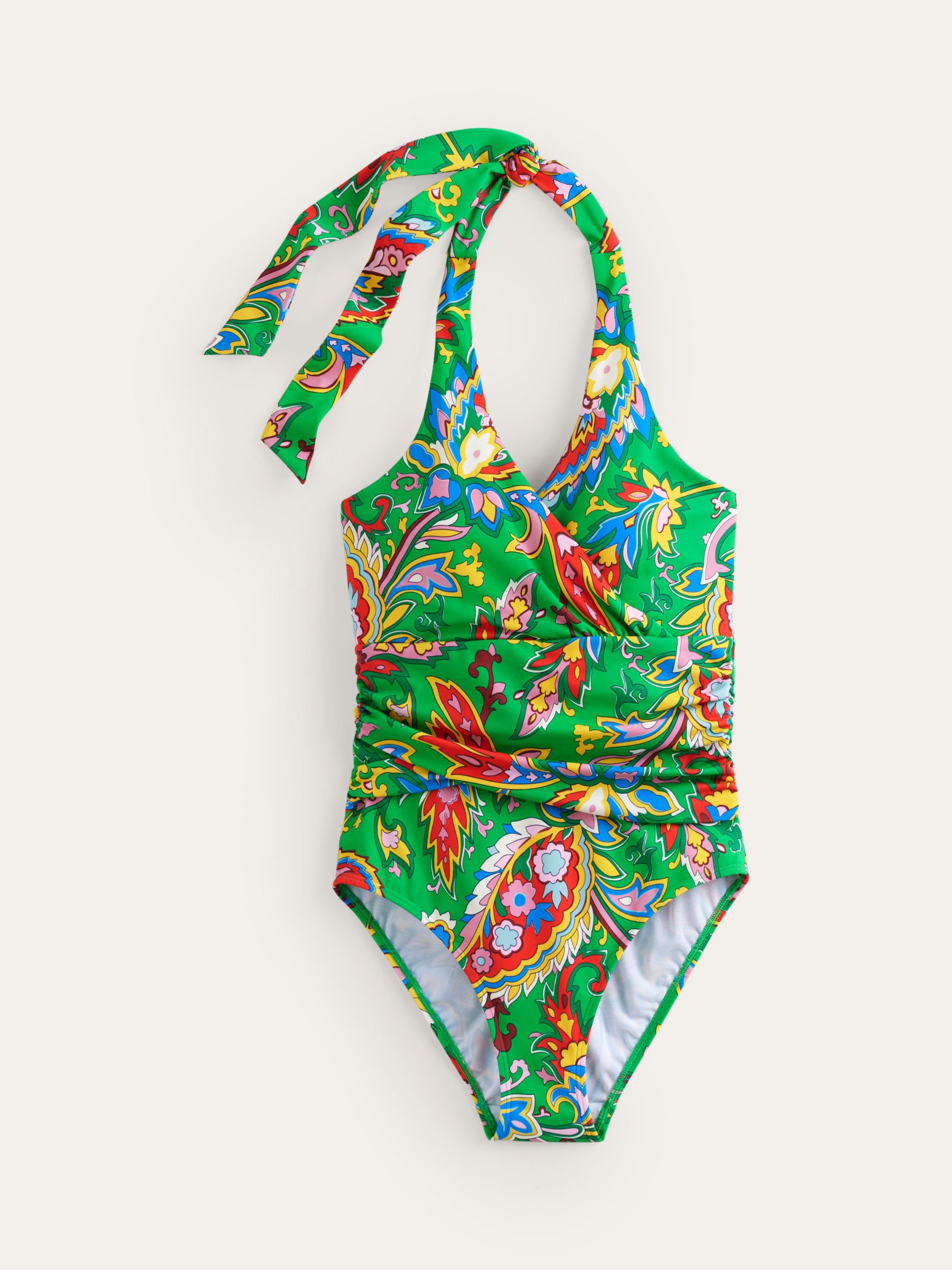 Boden Levanzo Ruched Halter Swimsuit, Green/Paisley Azure, 16