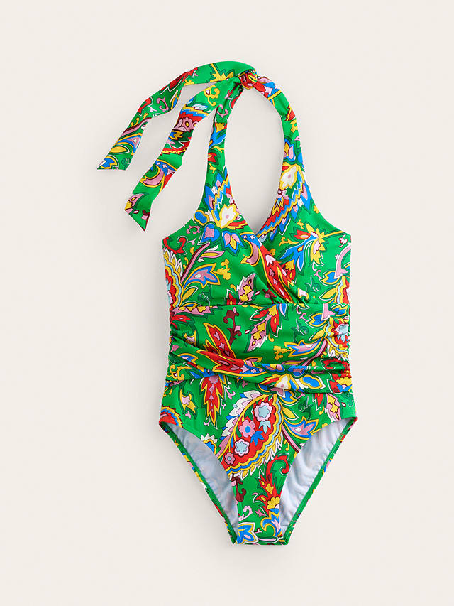 Boden Levanzo Ruched Halter Swimsuit, Green/Paisley Azure