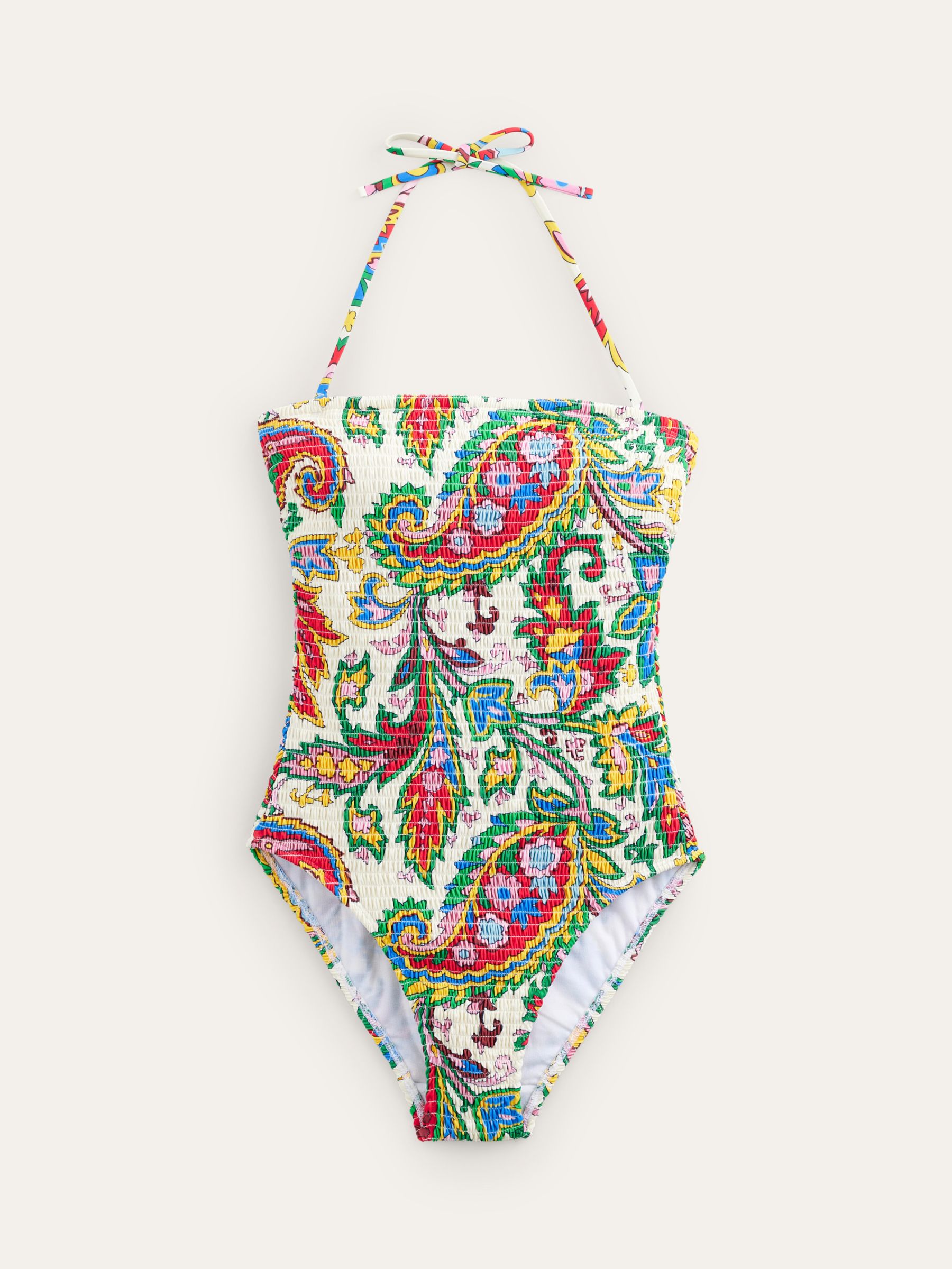 Boden Milos Smocked Paisley Print Bandeau Swimsuit, Ivory/Multi, 14