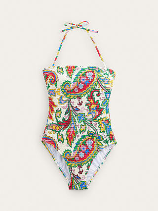 Boden Milos Smocked Paisley Print Bandeau Swimsuit, Ivory/Multi