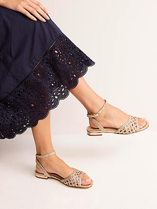 Boden Woven Leather Flat Sandals, Gold