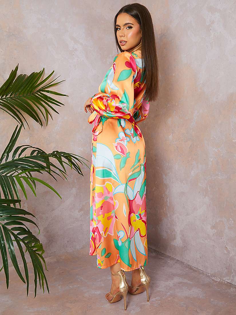 Buy Chi Chi London Long Sleeve Floral Wrap Midi Dress, Orange/Multi Online at johnlewis.com