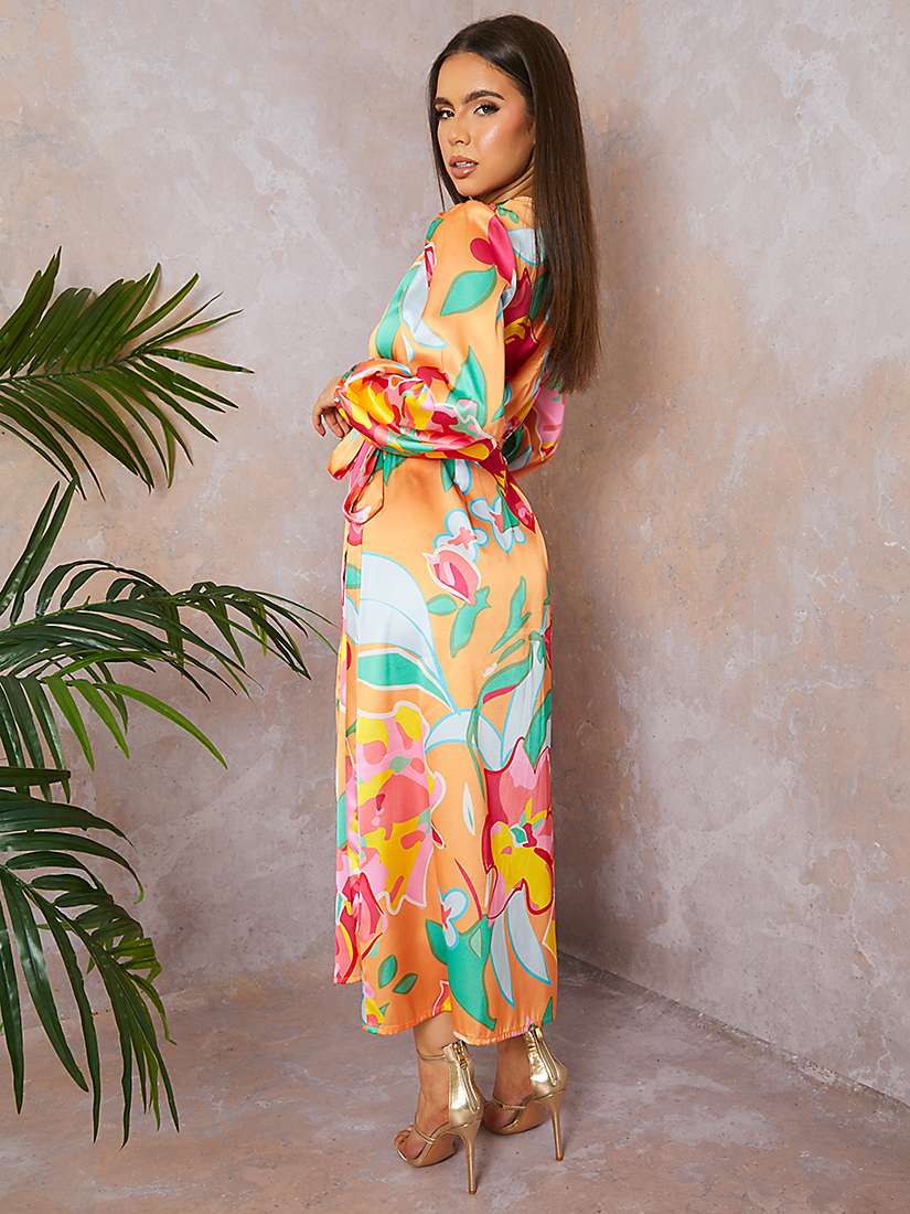 Buy Chi Chi London Long Sleeve Floral Wrap Midi Dress, Orange/Multi Online at johnlewis.com