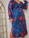 Chi Chi London Plus Size Long Sleeve V Neck Floral Midi Dress, Navy/Red