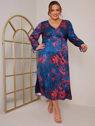 Chi Chi London Plus Size Long Sleeve V Neck Floral Midi Dress, Navy/Red