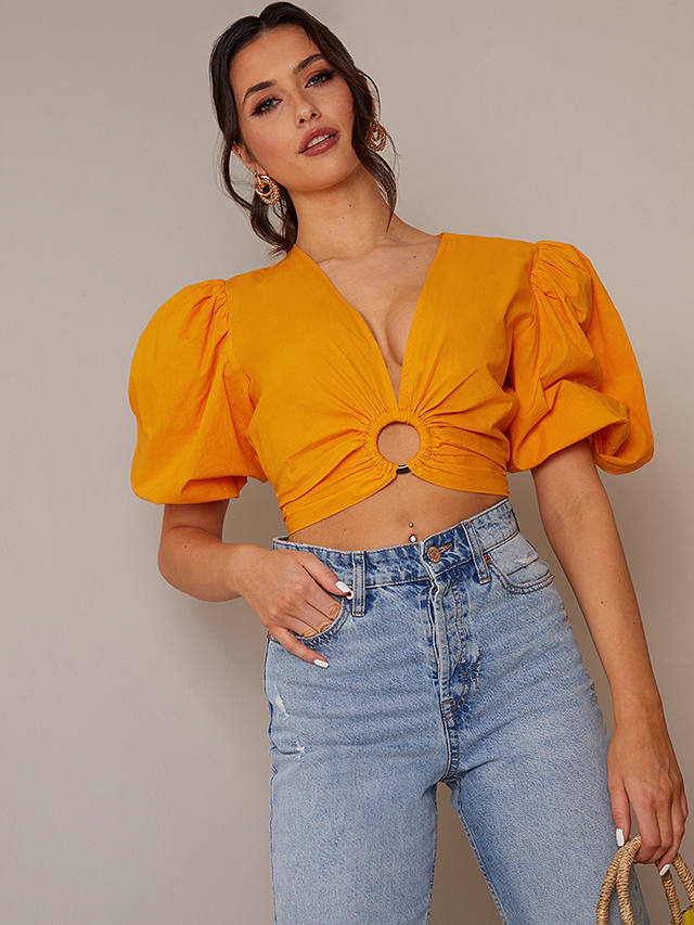 Chi Chi London Ring Front Puff Sleeve Top, Orange