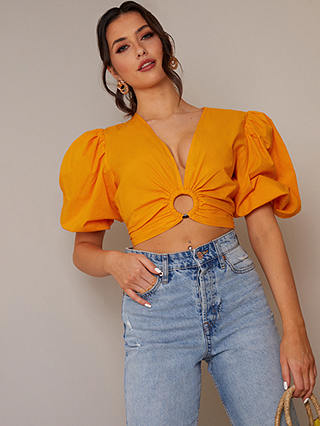 Chi Chi London Ring Front Puff Sleeve Top, Orange