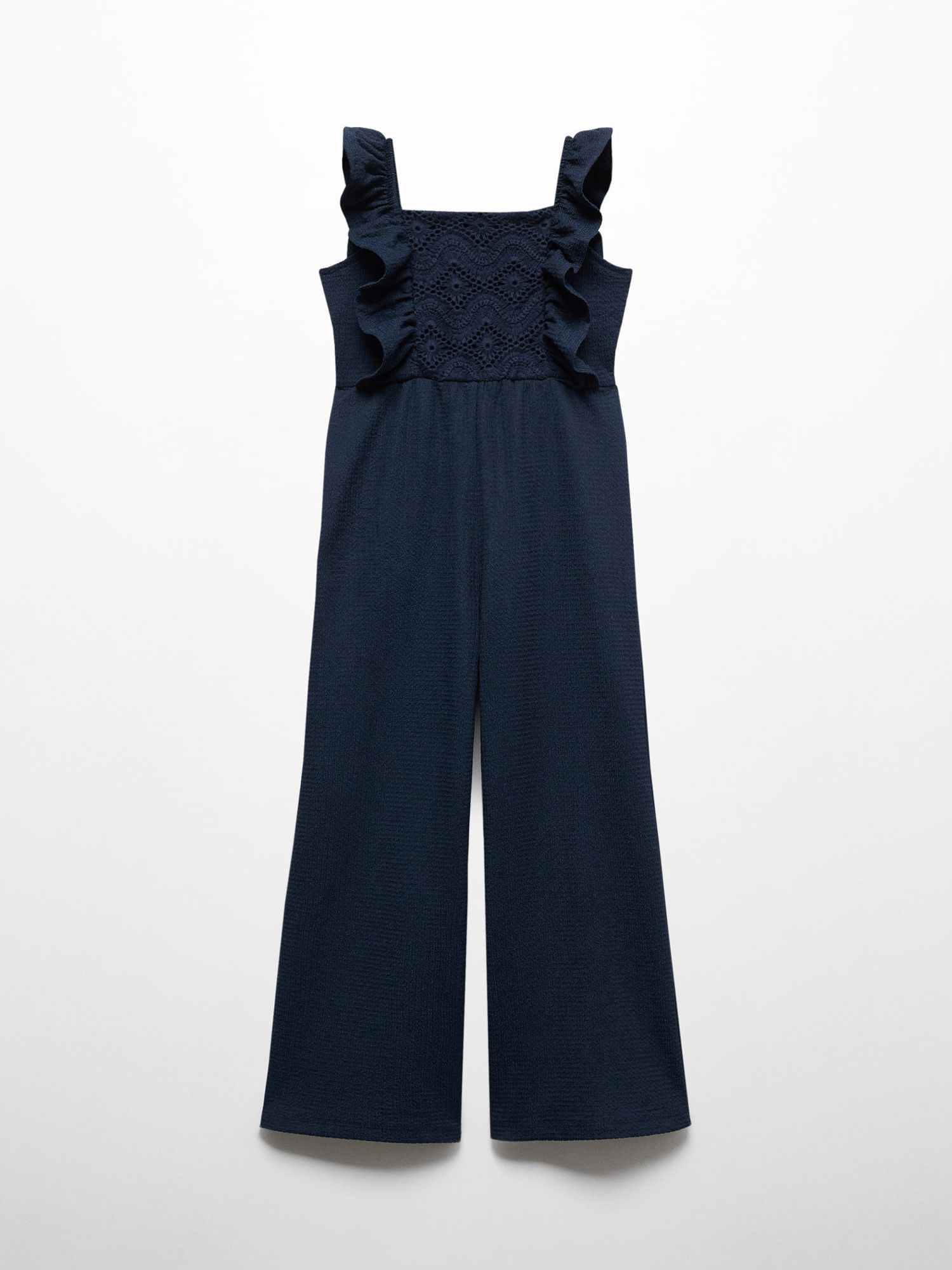 Mango Kids' Crochi Embroidered Bodice Frill Jumpsuit, Navy, 11-12 years