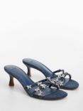 Mango Pompon Heeled Denim Embellished Sandals, Blue