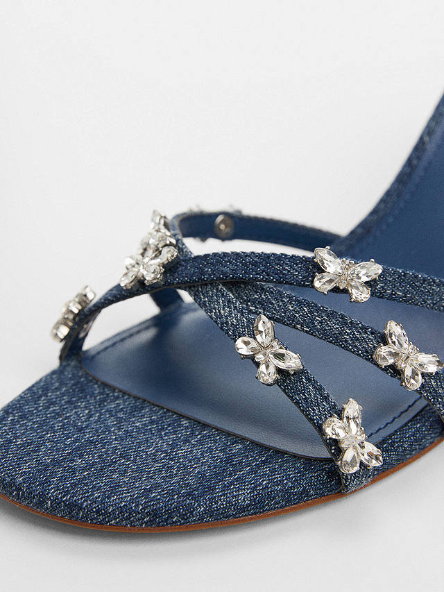 Mango Pompon Heeled Denim Embellished Sandals, Blue