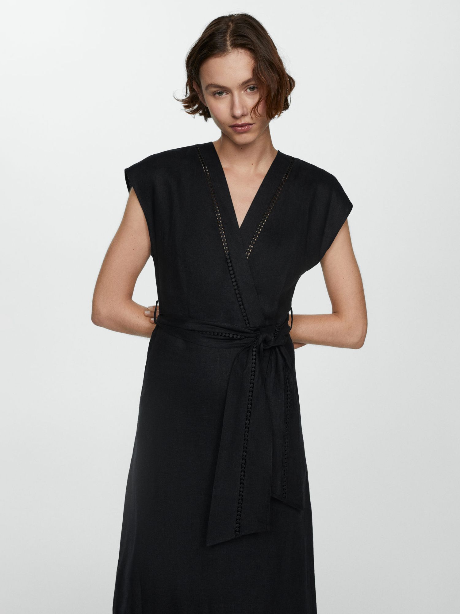 Mango Nanda Linen Wrap Dress, Black, 10