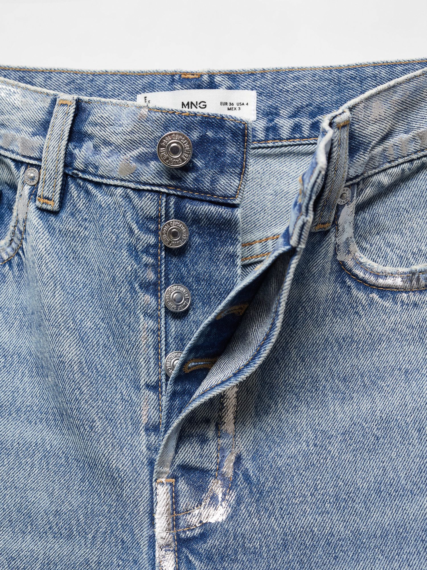 Mango Nicola Foil Detail Straight Leg Jeans, Blue, 10