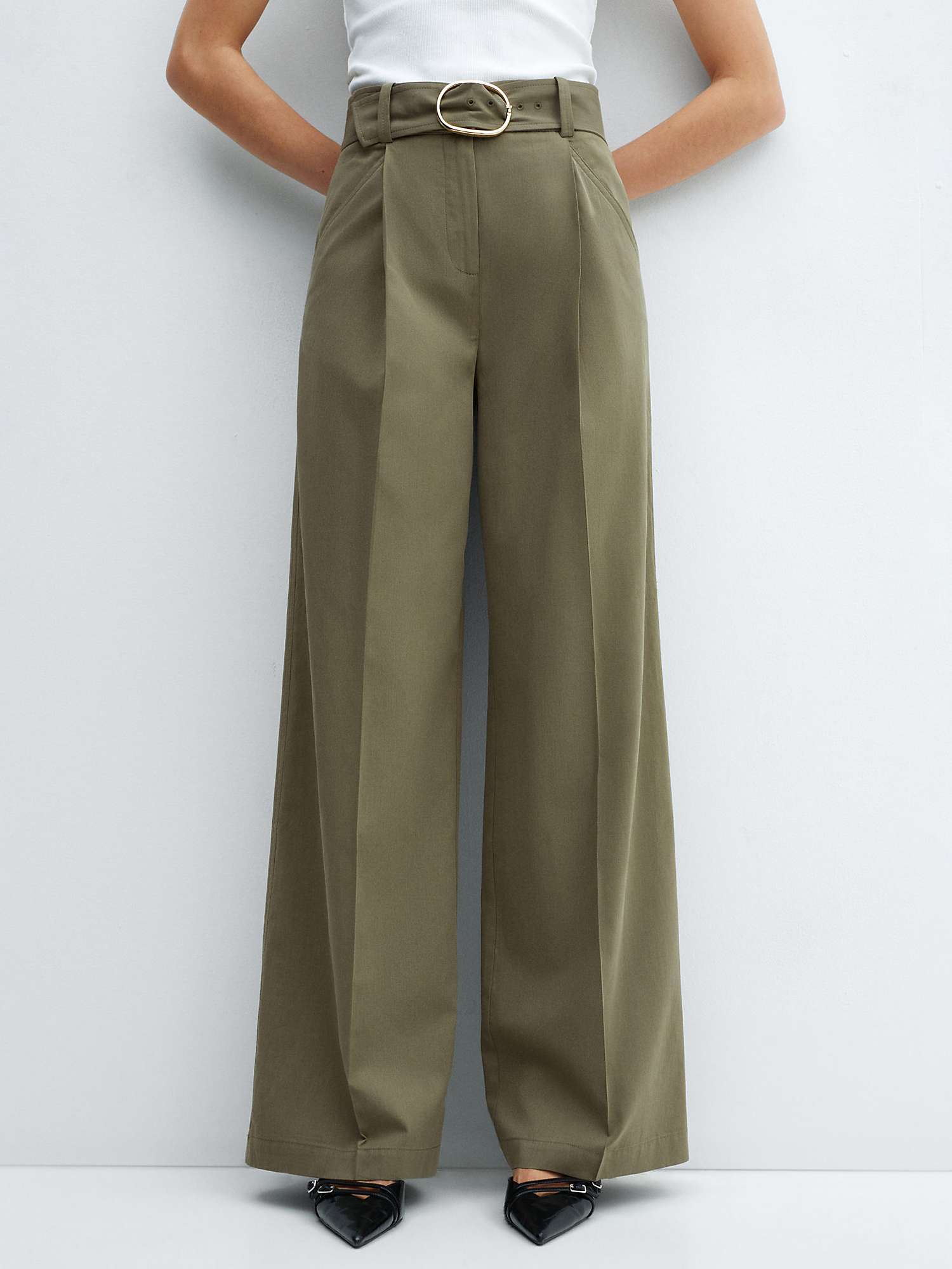 Buy Mango Angie Belted Wide Leg Trousers, Khaki Online at johnlewis.com