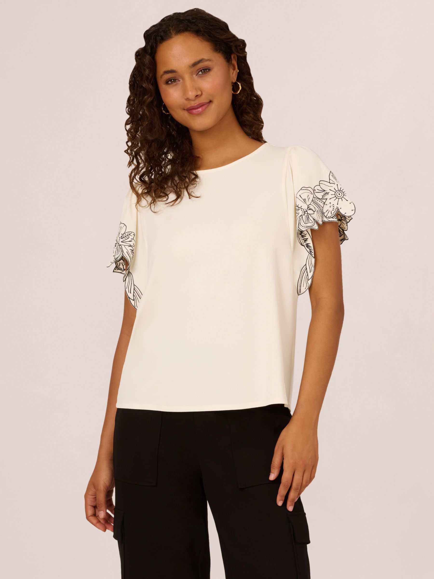 Adrianna Papell Floral Embroidered Sleeve Top, Cream/Black, XS