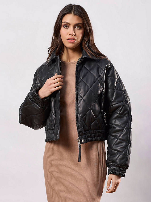 Closet London Quilted Leather Bomber Jacket, Black