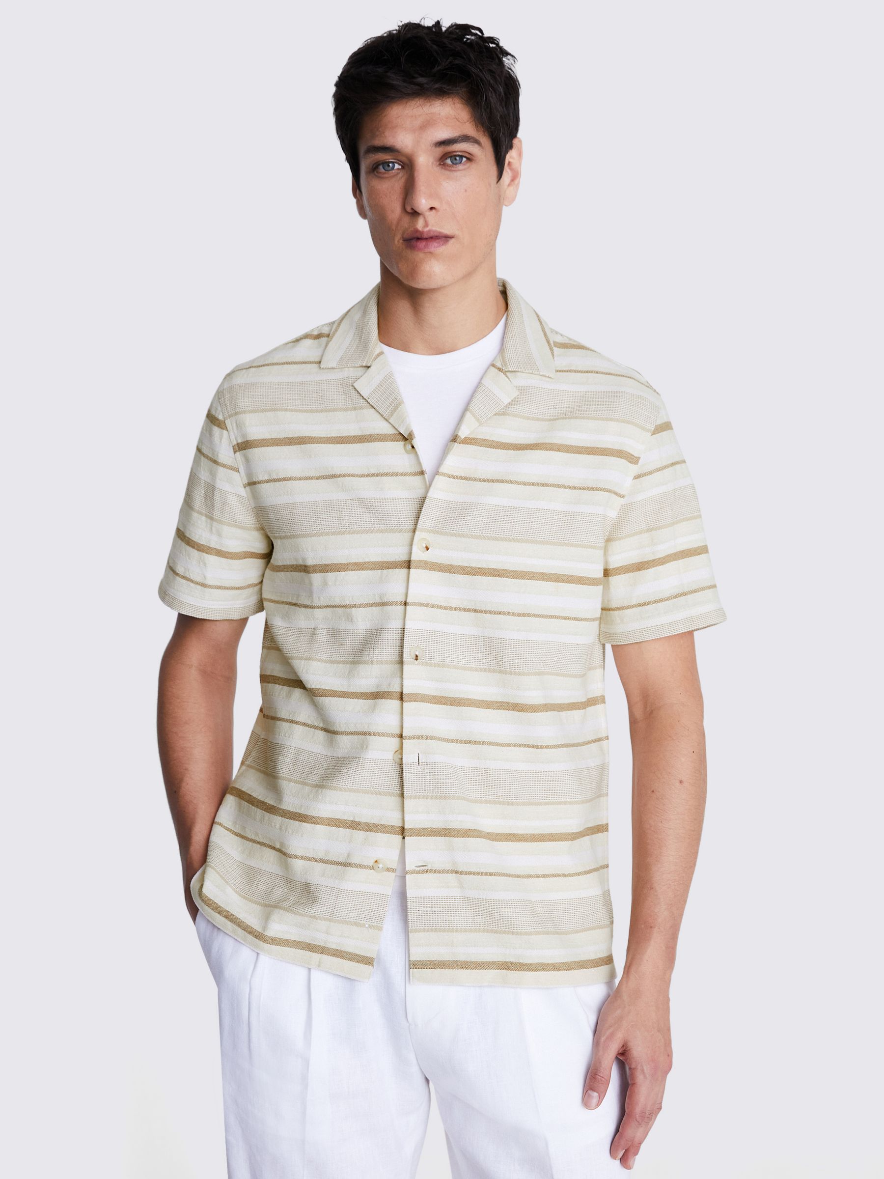 Moss Woven Stripe Cuban Collar Shirt, Beige/Multi, L