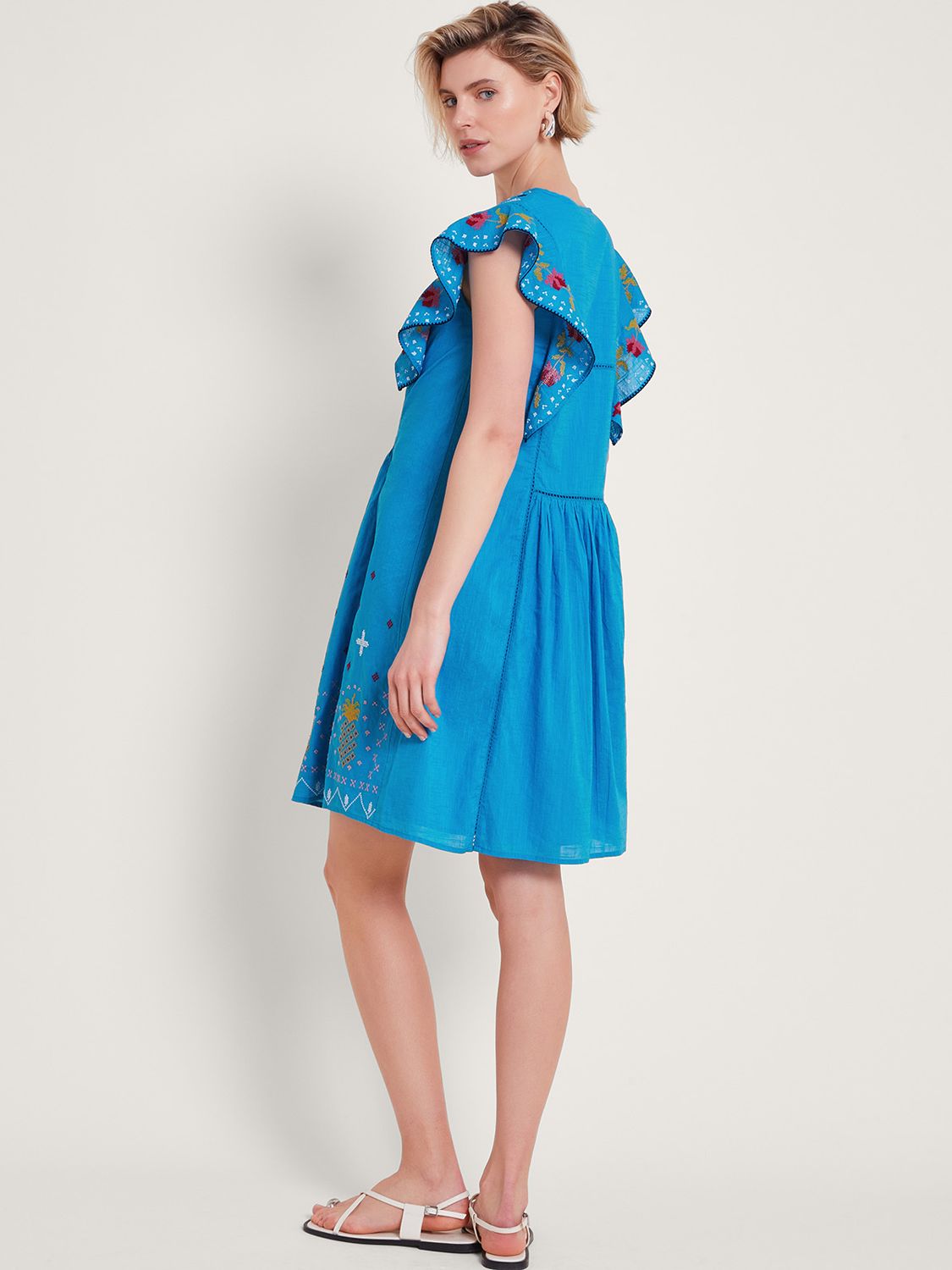 Monsoon Prue Pineapple Embroidery Cotton Dress, Blue, S