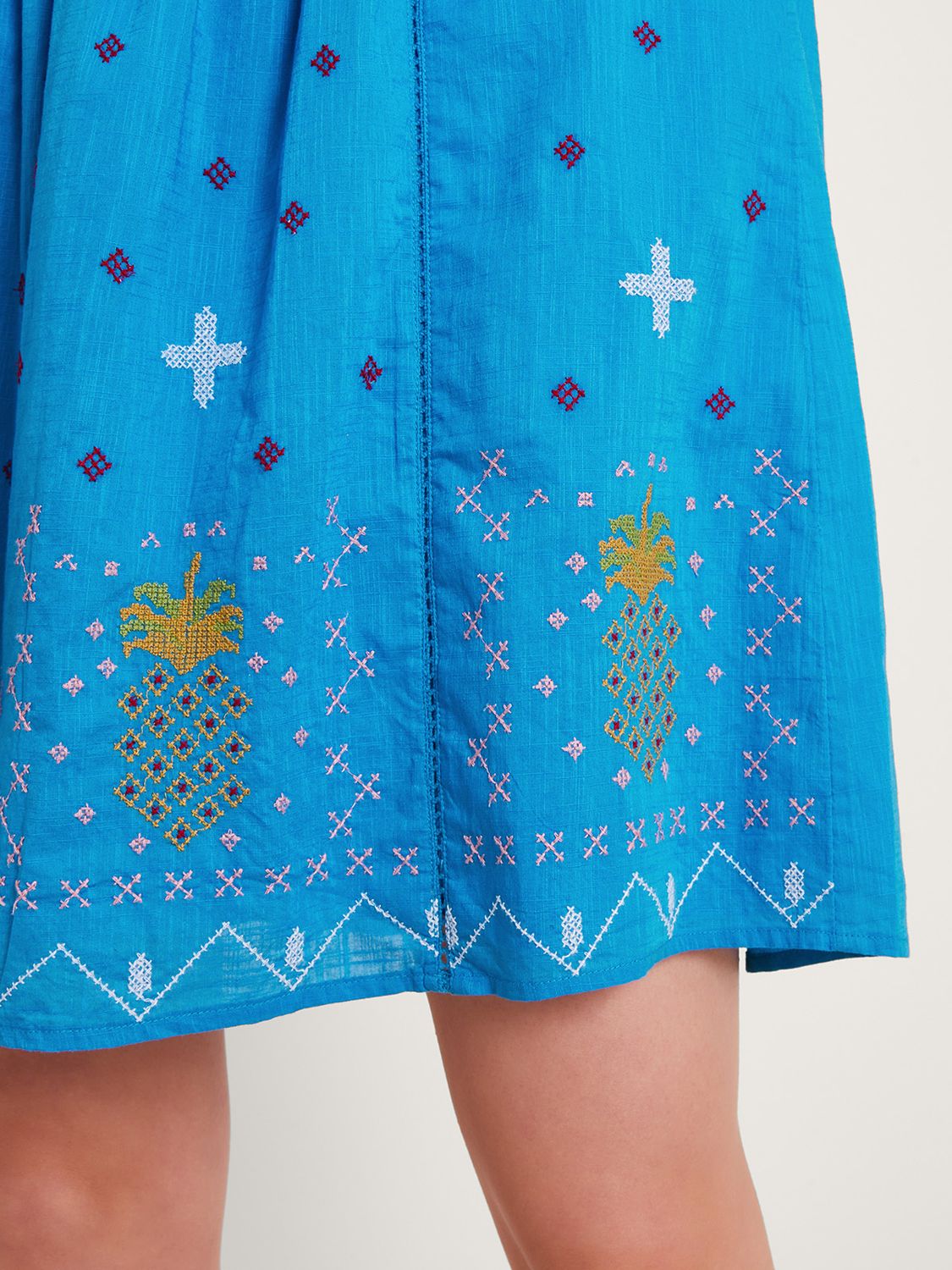 Monsoon Prue Pineapple Embroidery Cotton Dress, Blue, S