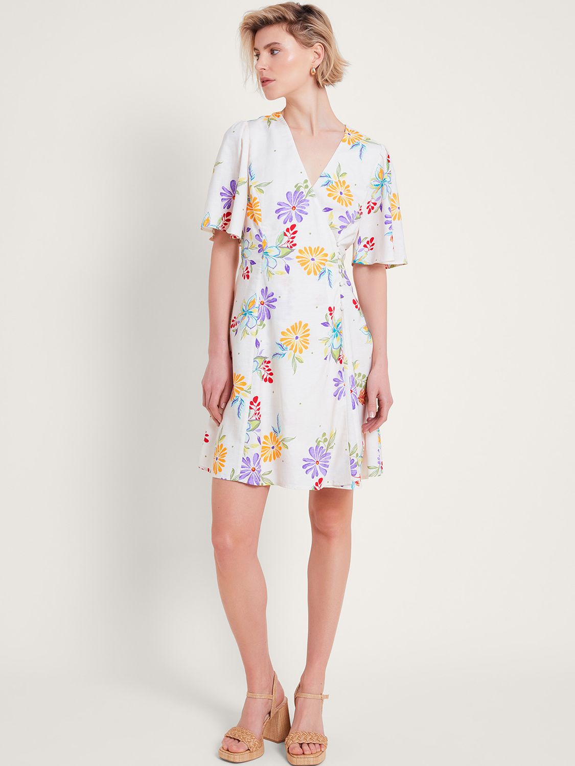 Buy Monsoon Sandie Print Linen Blend Wrap Dress, Ivory Online at johnlewis.com