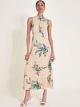 Monsoon Serenity High Neck Floral Print Midi Dress, Beige/Multi