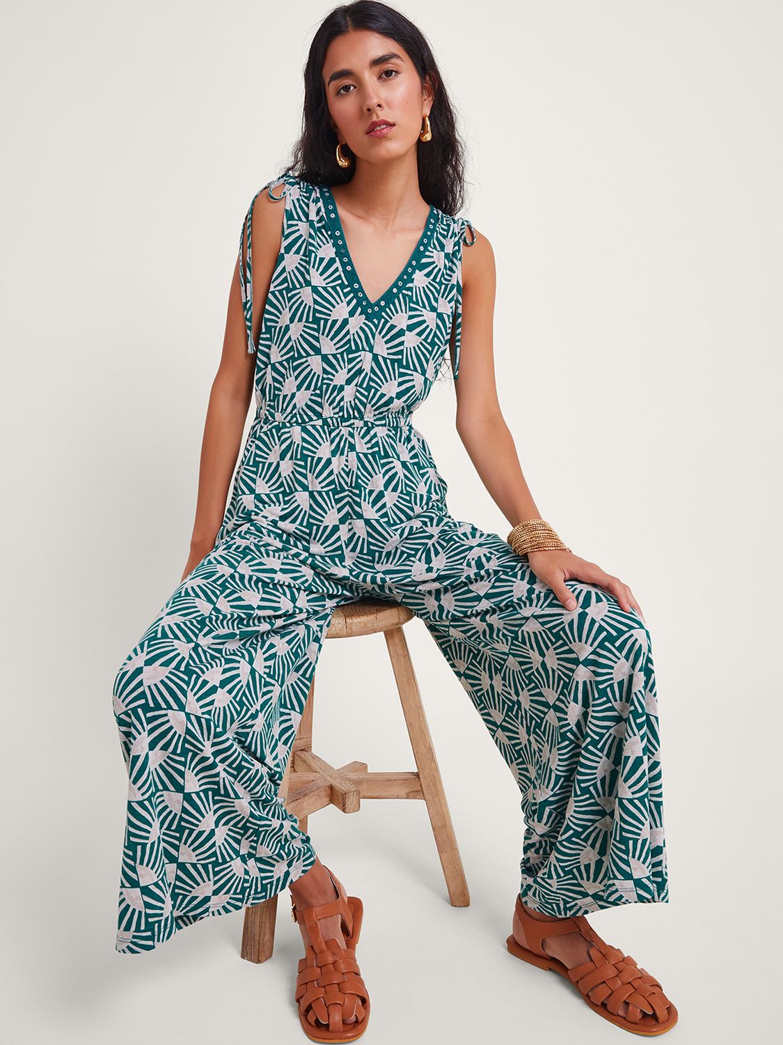 Buy Monsoon Rosana Tile Print Jersey Jumpsuit, Teal Online at johnlewis.com