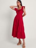 Monsoon Lucy Broderie Anglaise Tiered Cotton Midi Dress, Red, Red
